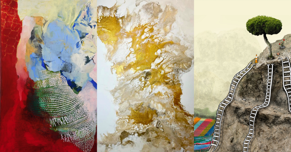 A collage banner Image made up of three different works of art by the artist talk artists