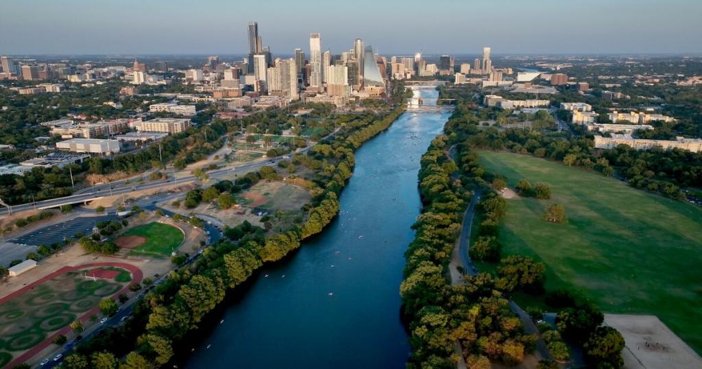 Arial Shot of Lady Bird Lake, Downtown and Zilker Park