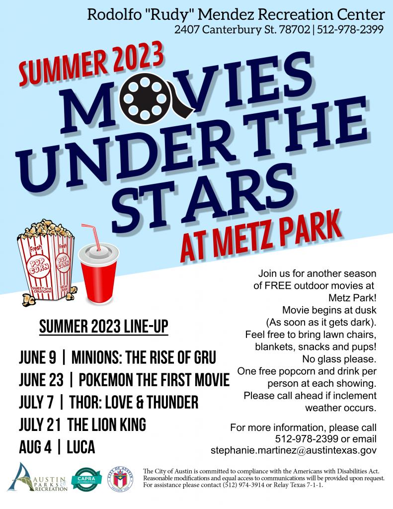 Summer 2023 Movies Under the Stars at Metz Park Flyer