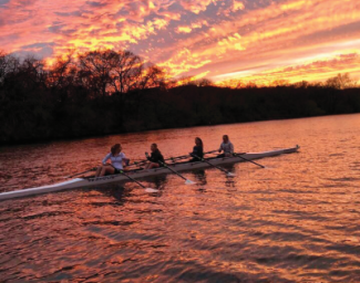 Rowers on a boat in the sunset