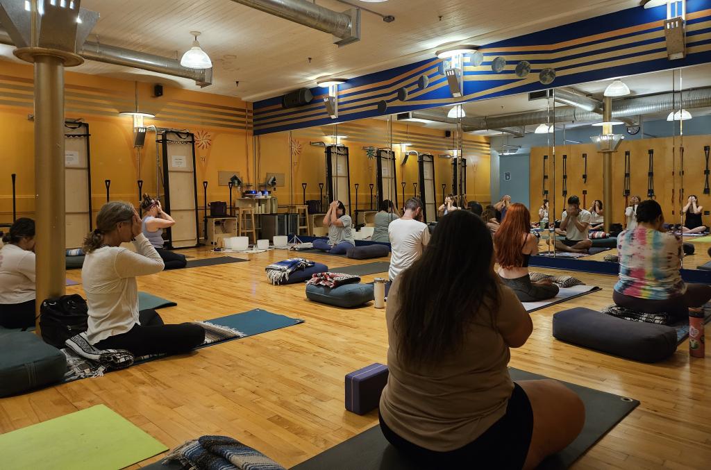 Photo of Aneika's Yoga class with students meditating