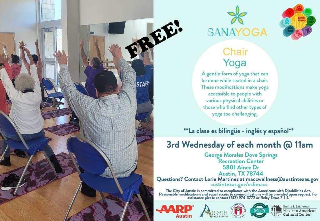 Text reads Chair Yoga Wednesday June 21st @ 11am