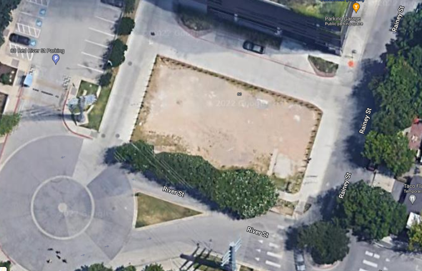 Overhead image showing empty lot of 64 Rainey Street