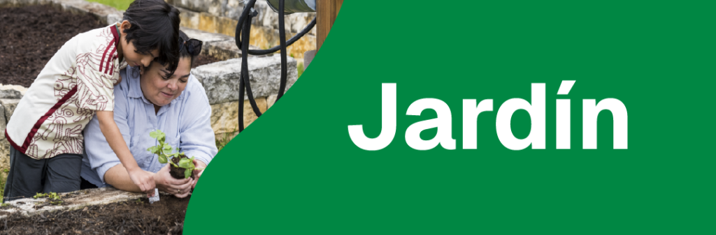 Jardin banner featuring a mother and son planting in our community garden