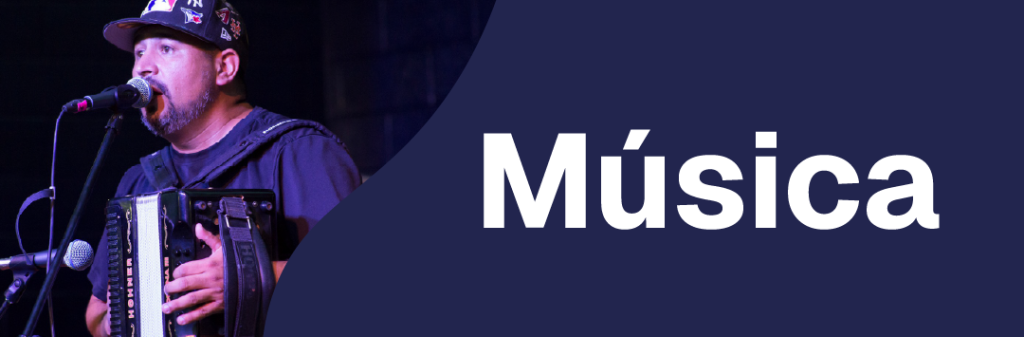 Musica banner featuring a live performer playing the accordian
