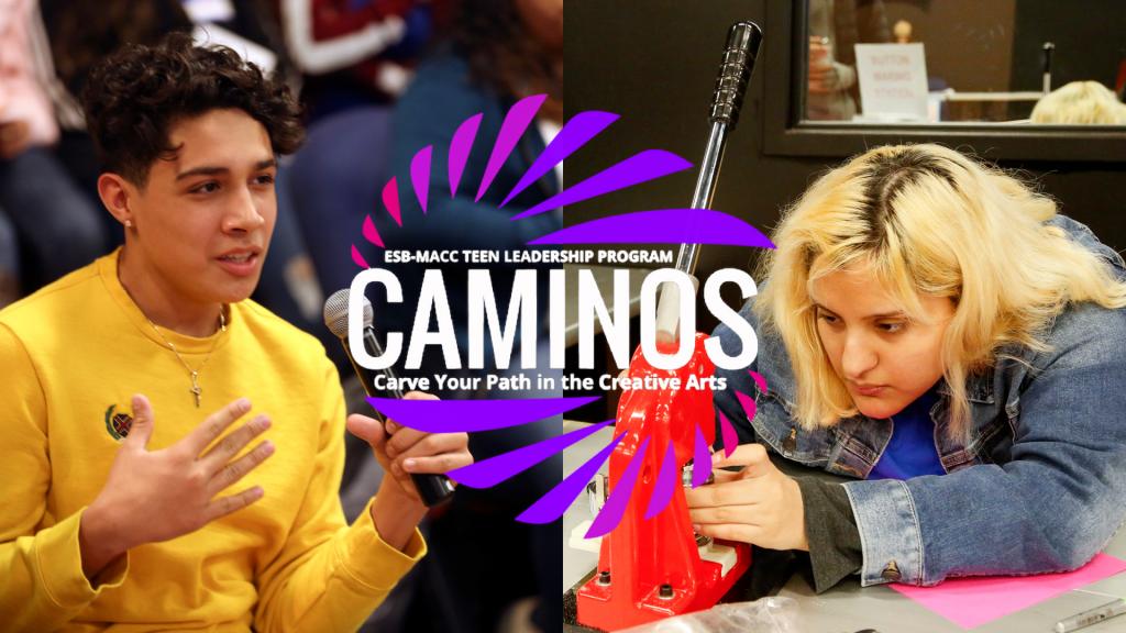 Image: Two photos of caminantes during Breaking Barriers with the caminos logo in the middle