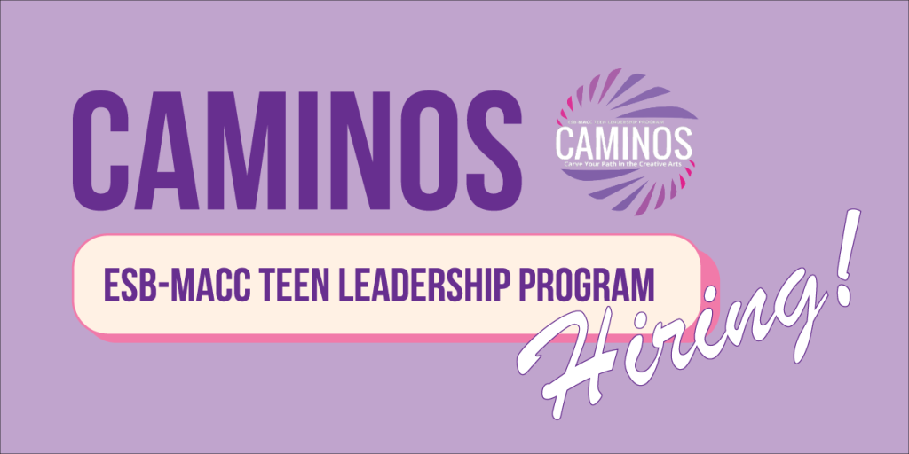 Caminos Teen Leadership-Hiring! Purple and white graphic