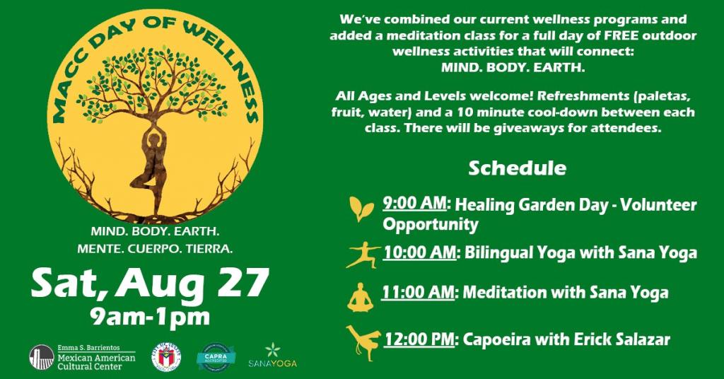 Text reads Mind Body Earth Saturday August 27th 9am to 1pm. We've combined our current wellness programs and added a meditation class for a full day of free outdoor wellness activities that will connect mind body and earth. 