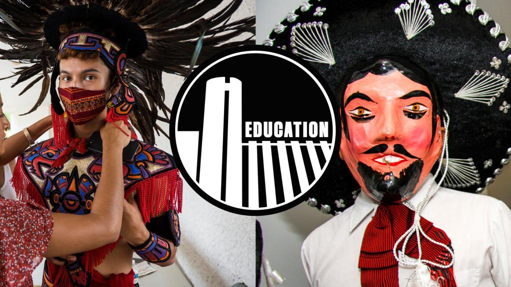 Text reads Education Image of a personal wearing traditional ware on the left and a child wearing a mask on the right 