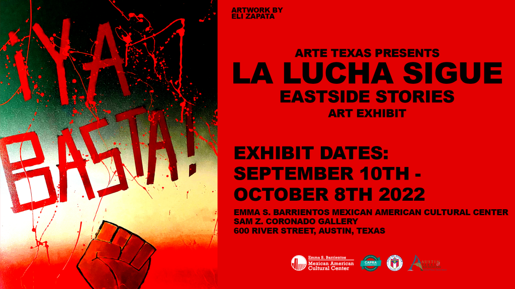 Postcard for La Lucha Sigue Eastside Stories Group Exhibition 