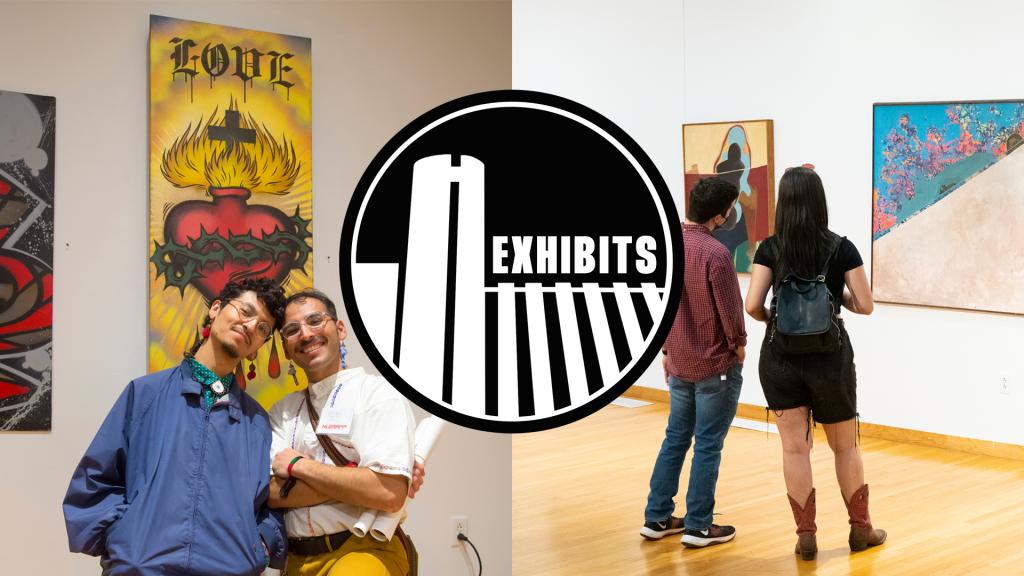 Text reads: Exhibits Image: split image of people in the Sam Coronado Gallery viewing exhibitions 