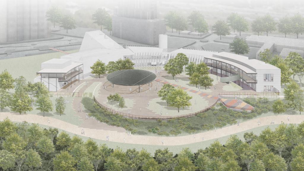 Aeriel rendering of ESB-MACC showing a shade structure, tree plantings, and paths