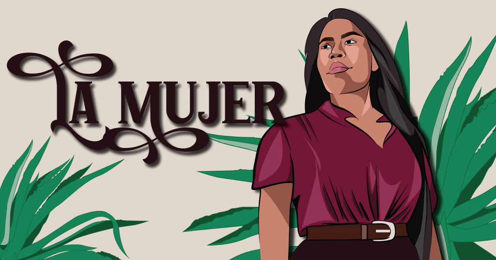 Text reads: La Mujer. Image: Women with long black hair wearing a maroon button up standing in front of aloe plants