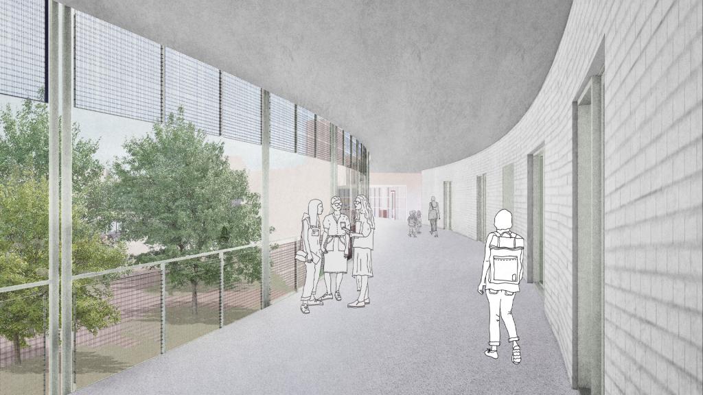 Rendering of people walking through an open air corridor that overlooks a tree filled courtyard