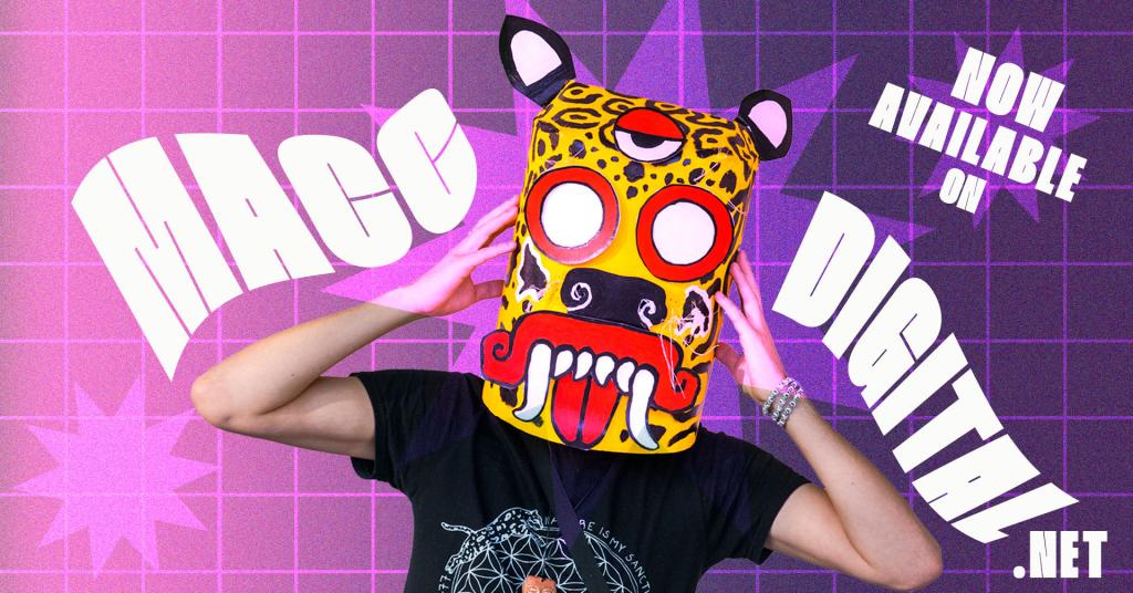 Text reads: Now available on MACCDIGITAL.net Image: person wearing a cardboard jaguar mask from Mexamericon 2021