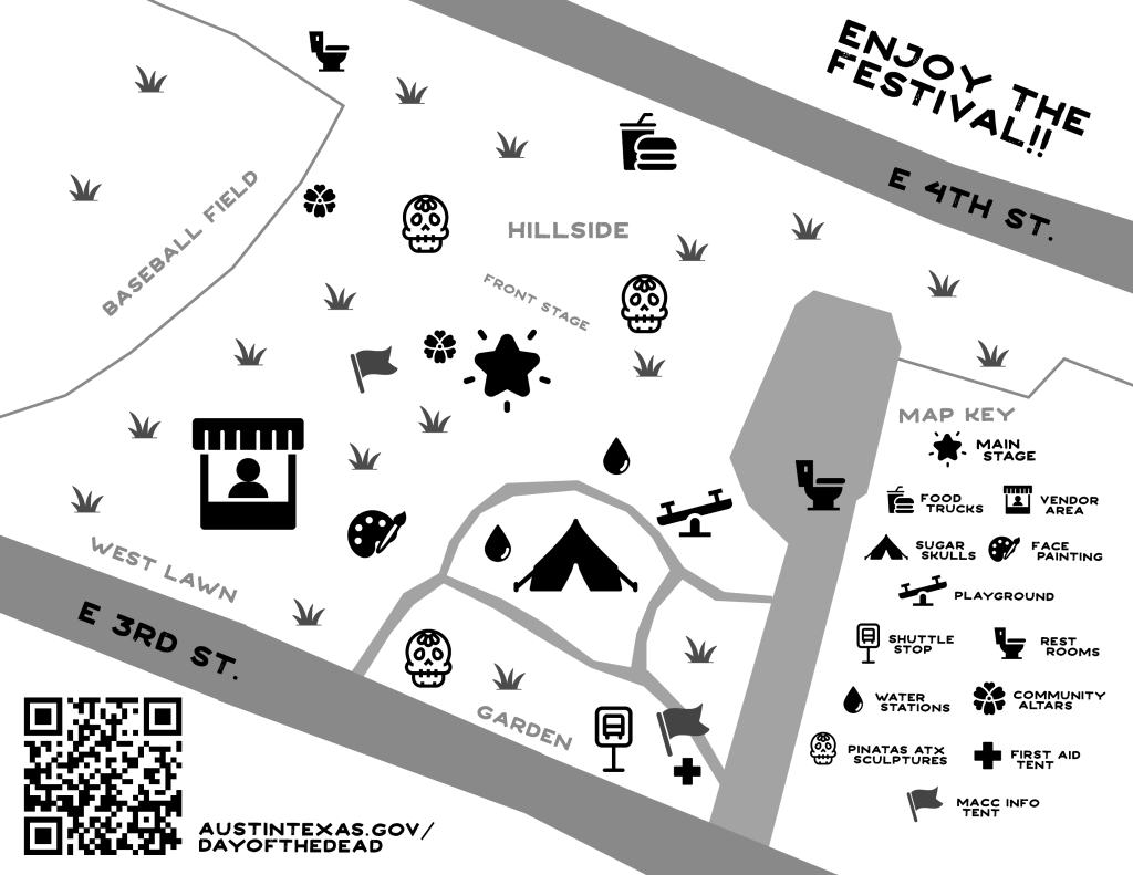 Map of activities, stage, restrooms, first aid, food trucks, and vendor locations