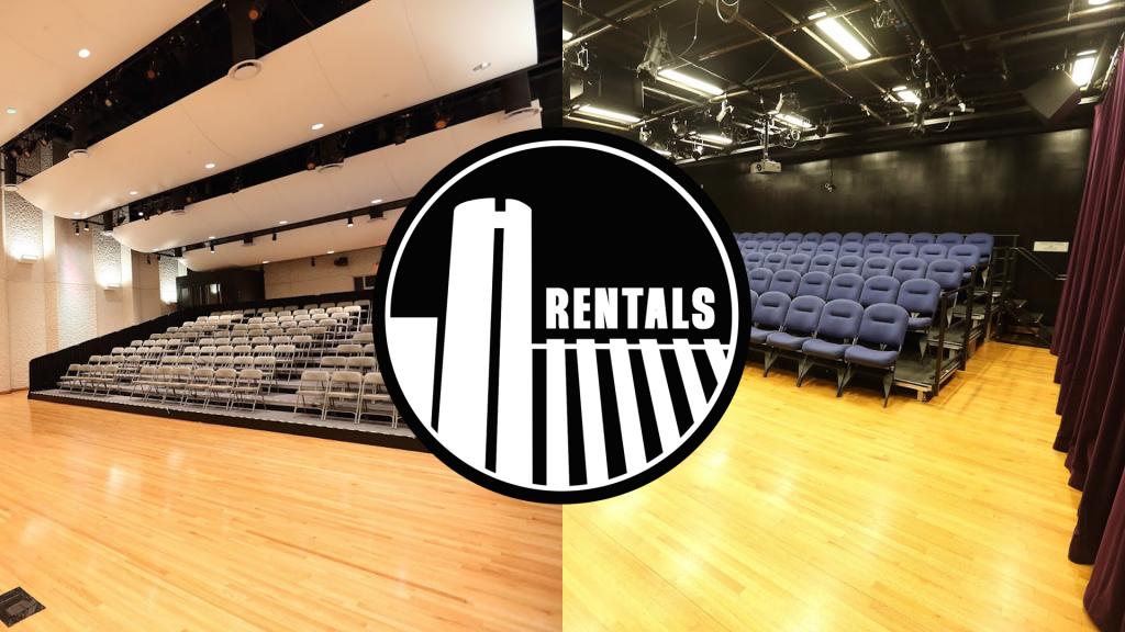 Text reads: Rentals Image: Split image of auditorium and black box theater 