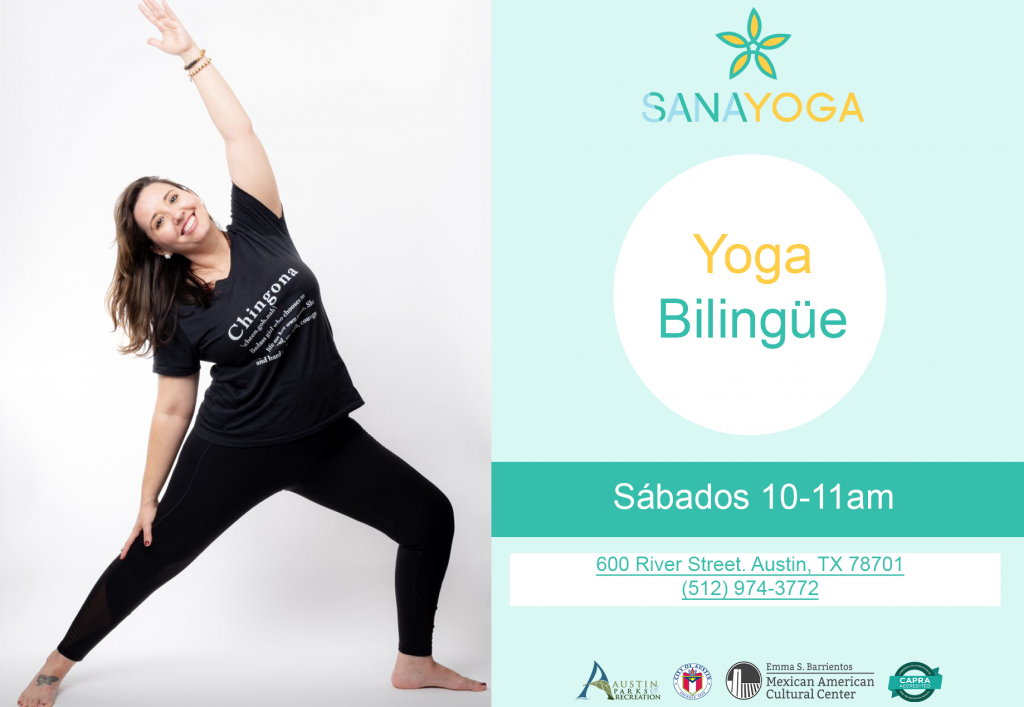 Text reads Sana Yoga Bilingual Yoga Saturdays 10am to 11am