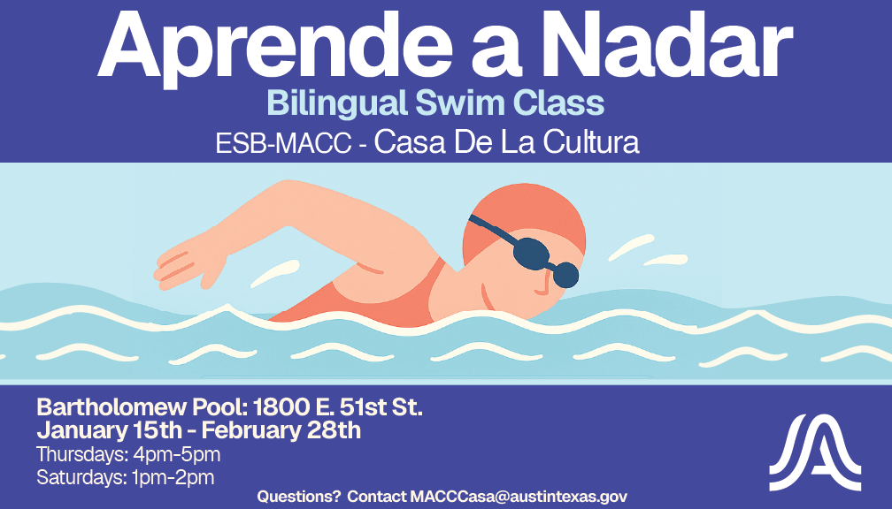 Aprende a Nadar banner. A graphic of a swimmer in a pool