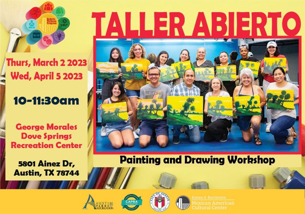 Text reads Taller Abierto Thursday March 2nd and Wednesday April 5th at 10am at George Morales Dove Springs Recreation Center