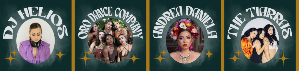 Hero images for 4 performers: DJ Helios, Oro Dance Company, Andrea Daniela, The Tiarras