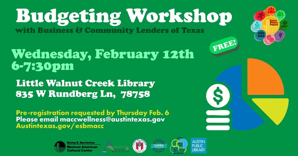 Budgeting Workshop - text repeated in description below the green graphic that represents finance