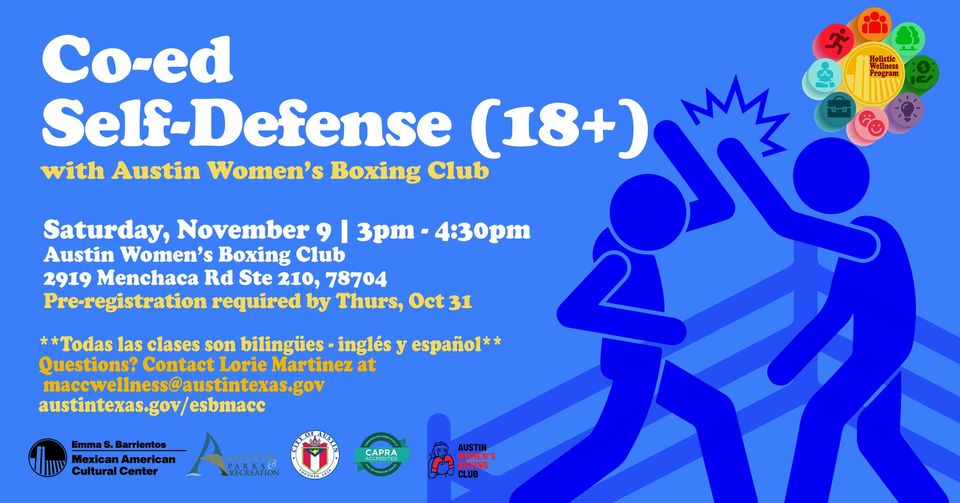 Coed Self Defense Class, details in text description. Blue graphic of two people engaged in martial arts