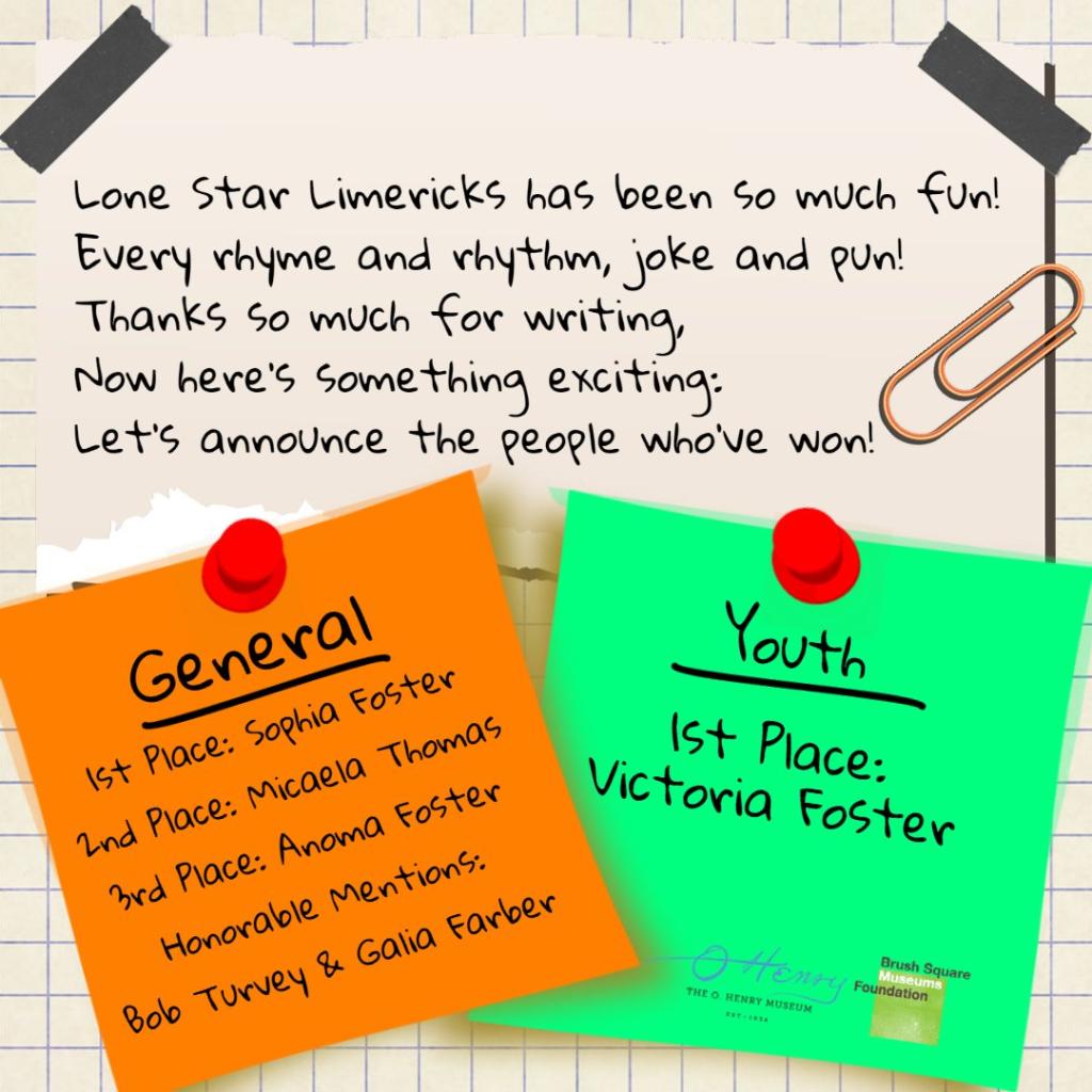 Graphic of winning writers for 2023 Lonestar Limerick Online Writing Competition. Text is below graphic