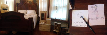 Bedroom of the O. Henry Museum featuring Athol's dress, walnut bed, Margaret's china hutch and toys; right photo: illustrations drawn by O. Henry