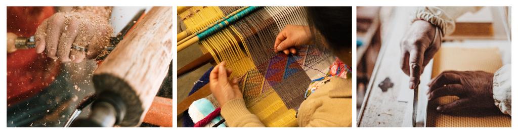 Images of hands working on three traditional crafts: woodworking, weaving, leather work.