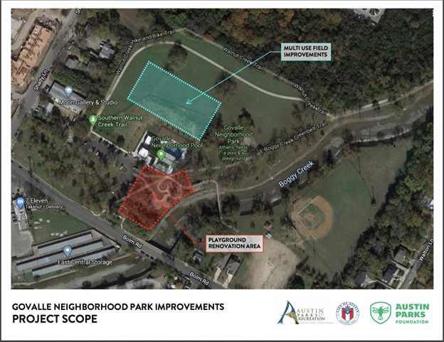 An overhead map that shows the project scope, including field improvements and the playground renovation area to the south of the pool.