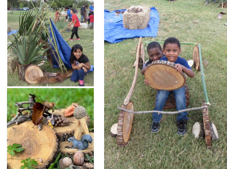 Photo of a child posing in front of a fort she created, a close up of small word diorama, two children pretending to drive a car with a natural wood steering wheel 