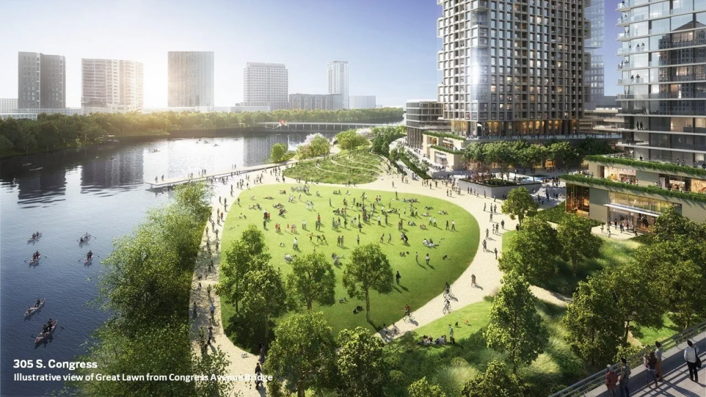 Rendering of park concept showing 305 S. Congress along Lady Bird Lake and illustrative view of Great Lawn looking from Congress Avenue Bridge