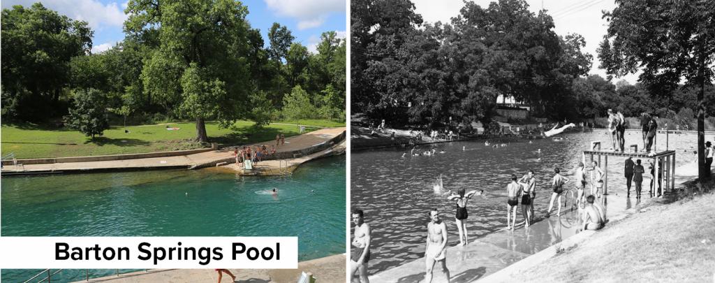 Side by side photos of modern Barton Springs and Barton Springs from the 1960's