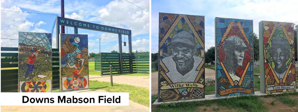 Photo of colorful murals featuring Negro League baseball players at Downs Field