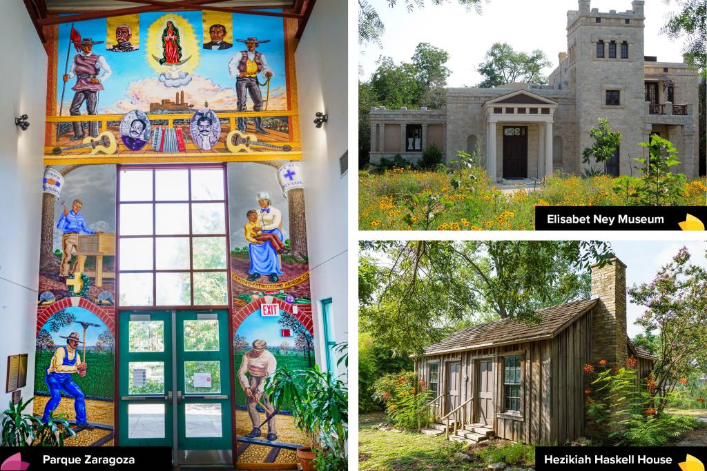 Left: a colorful photo of the mural inside Parque Zaragoza's recreation center depicting Mexican American life through the years. Top right: photo of the outside of the Elisabet Ney Museum with the landscape in full bloom. Bottom right: photo of the outside of the Hezikiah Haskell house with vibrant flowers in the foreground.