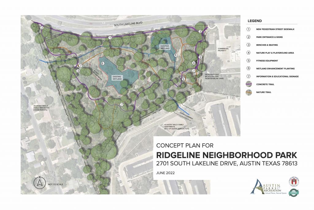 Approved concept plan for Ridgeline Park shows a pedestrian sidewalk, benches and seating, nature play, fitness equipment, trails, and wetland enhancement