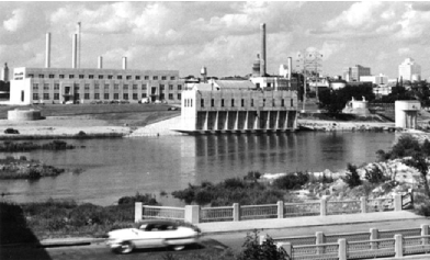 Black and white photo of Seaholm Intake in the 1950s
