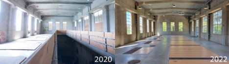 Before photo taken in 2020 of the interior of the Seaholm intake facility, showing large openings in the floor where there was previously equipment and an After photo taken in 2022 showing the openings covered with flooring and other enhancements. 