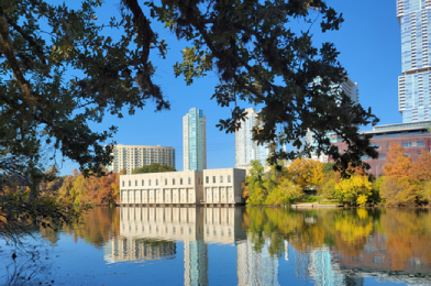 Photo of the rehabilitated Seaholm Intake Facility from across Lady Bird Lake