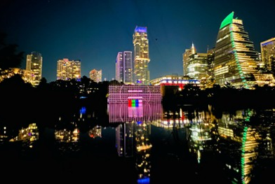 Photo at night of WaterWork 2024, an immersive art experience by The Trail Conservancy and Design Austin. Photo by Originator Studios and Design Austin.