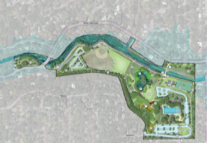 The approved site plan for Beverly S. Sheffield Northwest District Park, detailing the location of a central lawn, plantings, playscapes, a basketball court, pickleball courts, tennis courts, boardwalk, stairway, shade structures, bicycle and pedestrian routes, and accessible routes. 