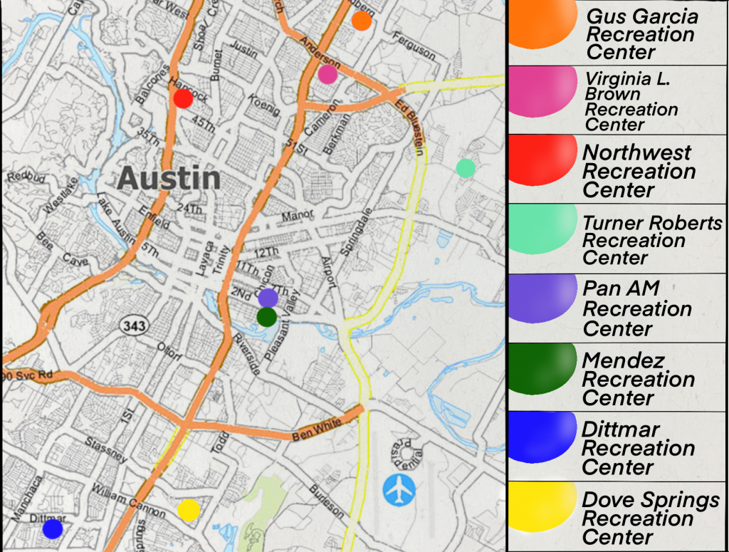 A map showing the location of the participating recreation centers, including: Gus Garcia, Virginia L. Brown, Northwest, Turner Roberts, Pan Am, Mendez. Dittmar. and Dove Springs. For help locating which participating recreation centers are near you, email tcta@austintexas.gov or call (512)978-2478