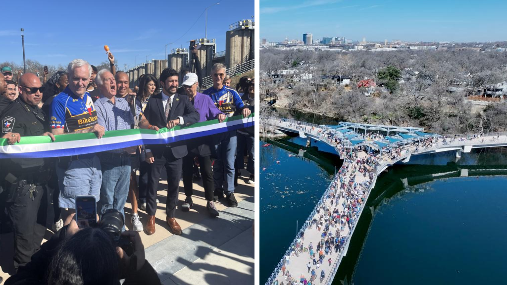Left: Mayor Kirk Watson, joined by Congressmen Lloyd Doggett and Greg Casar, and several Austin Council Members cut the ribbon opening the new Wishbone bridge to the public. Right: An aerial photo of a crowd on the Wishbone Bridge over Ladybird Lake.