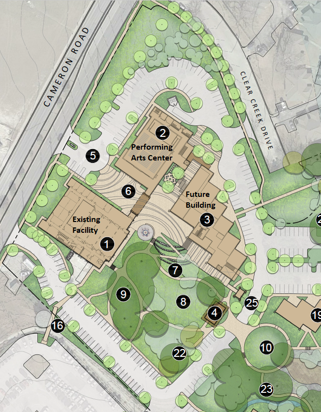 Overhead drawn map of Asian American Resource Center building including parking and nearby roads including upcoming changes.