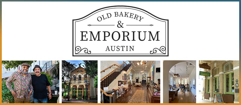 Image is a collage that includes the Old Bakery & Emporium logo as well as five images including two men posing, two images of the exterior of the museum, and two images from the interior of the museum.