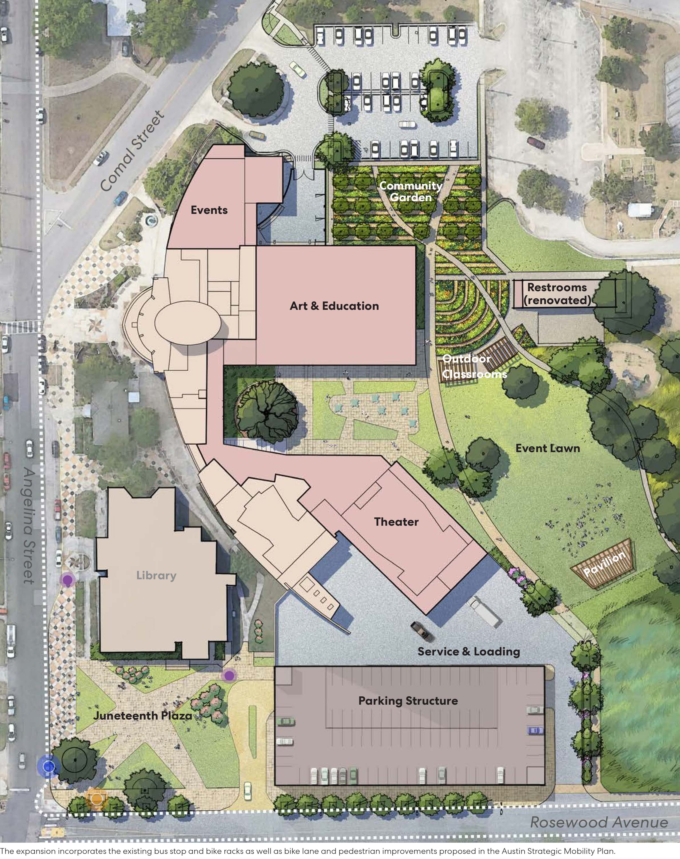 Overhead view of George Washington Carver Museum with titles on each building that includes upcoming changes and shows nearby streets.