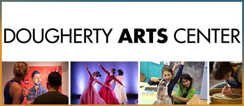 Image is a collage that includes the Dougherty Arts Center logo with 				four photos including people looking at artwork in a gallery, people performing on 	stage, children posing for a photo, and a person wheel throwing.