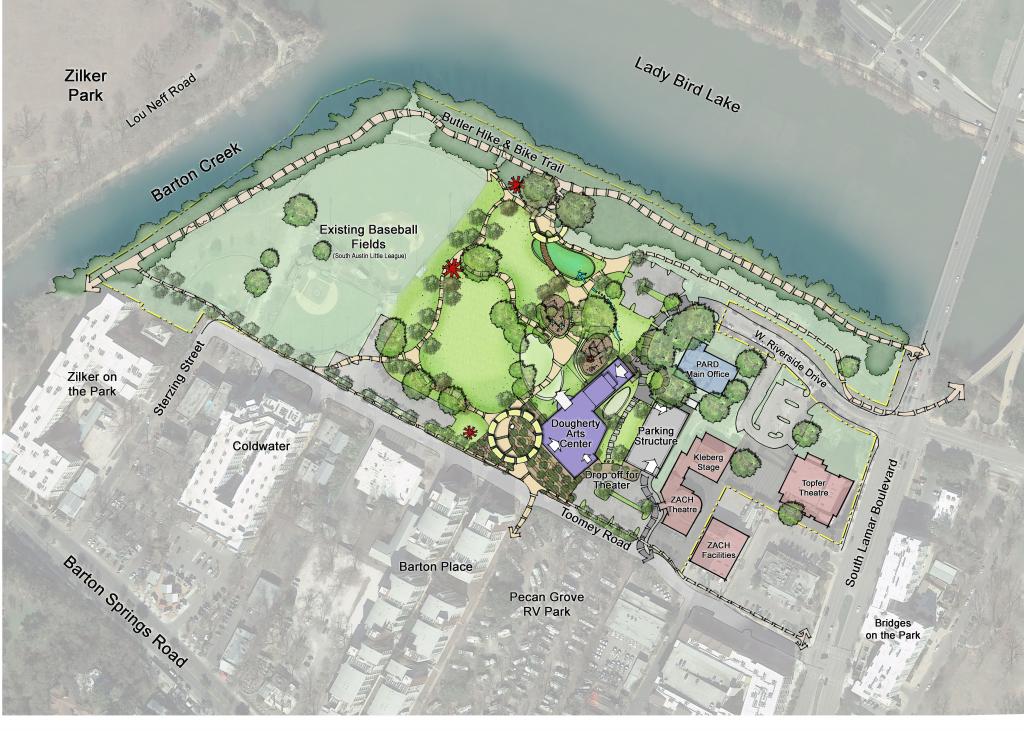 Overhead map of the new Dougherty Arts Center building including nearby roads, buildings, fields, and parks.