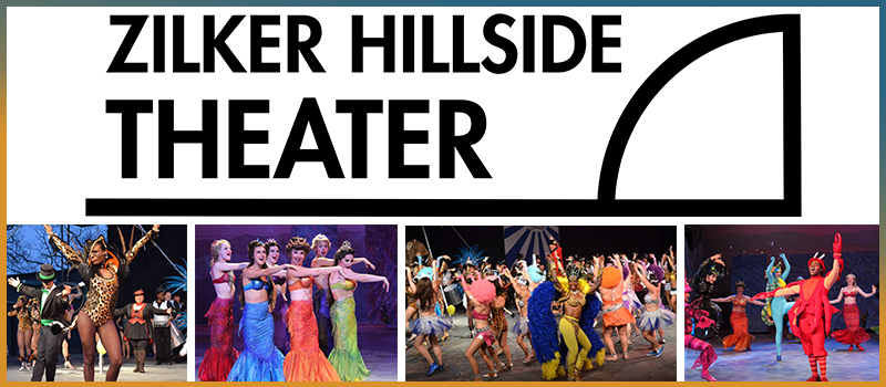 Image is a collage that includes the Zilker Hillside Theater logo and four 		images from various performances including a woman in a cheetah print 					costume, four women in mermaid costumes, a group of people dancing on the stage, and a man singing while dressed as a crab.